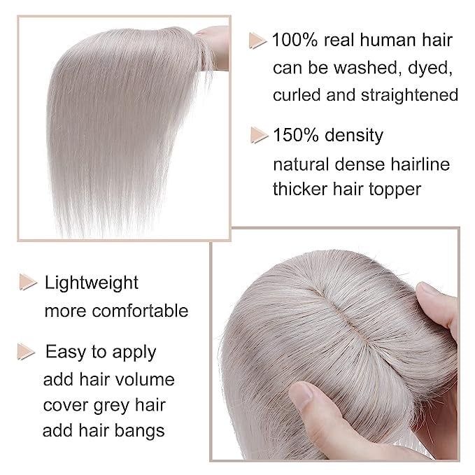 Human hair gray wig topper with bangs