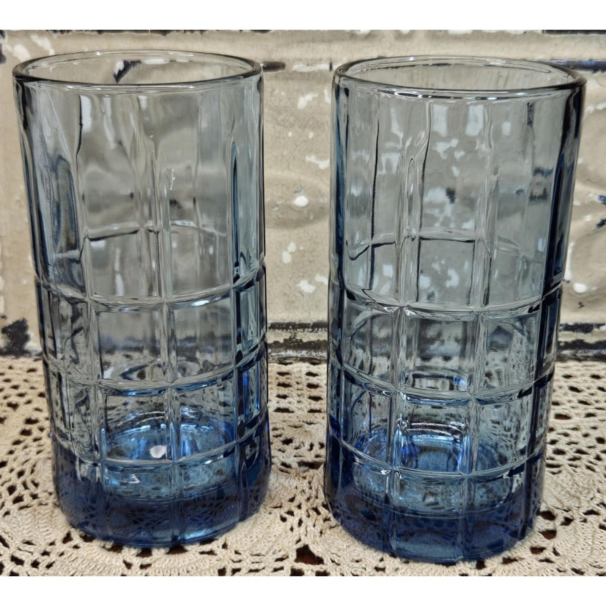 Pair of Vintage Anchor Hocking Tartan Pattern Blue Drinking Glasses 16 oz