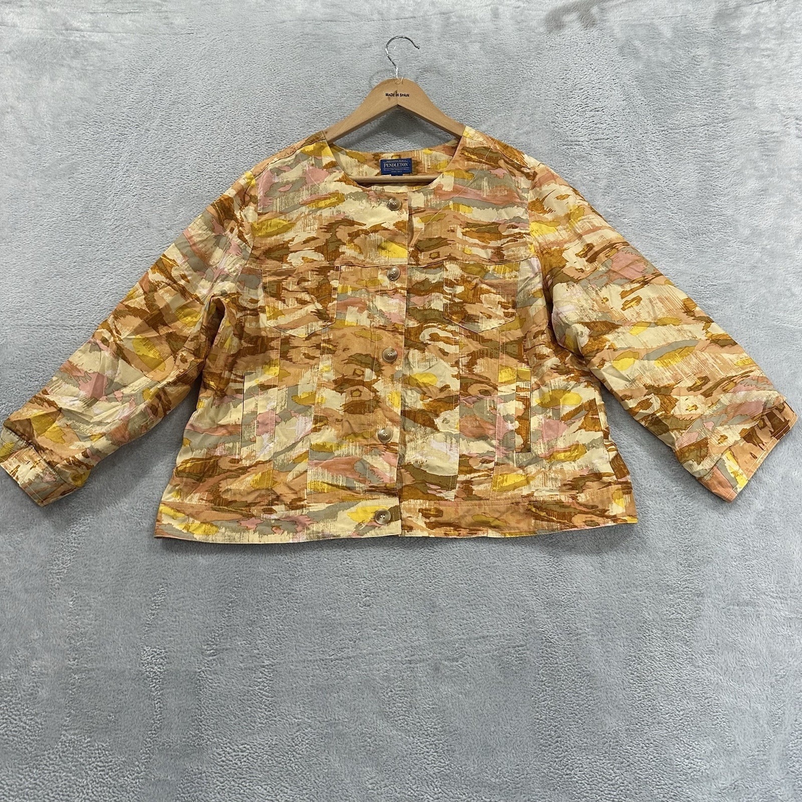 Pendleton Silk Button Shirt Long Sleeve Women XL Yellow Camo Boho Vtg