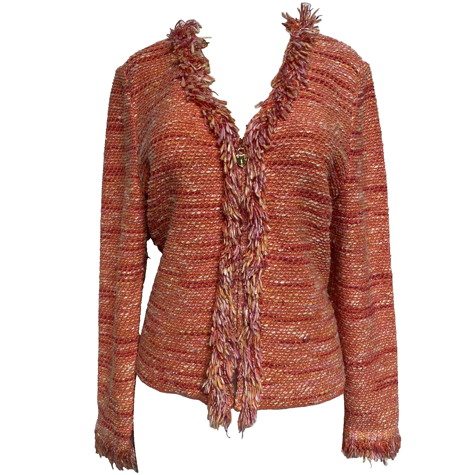 St John Tweed Knit Jacket Sweater Blazer Zip Front Long Sleeve Fringe Orange L