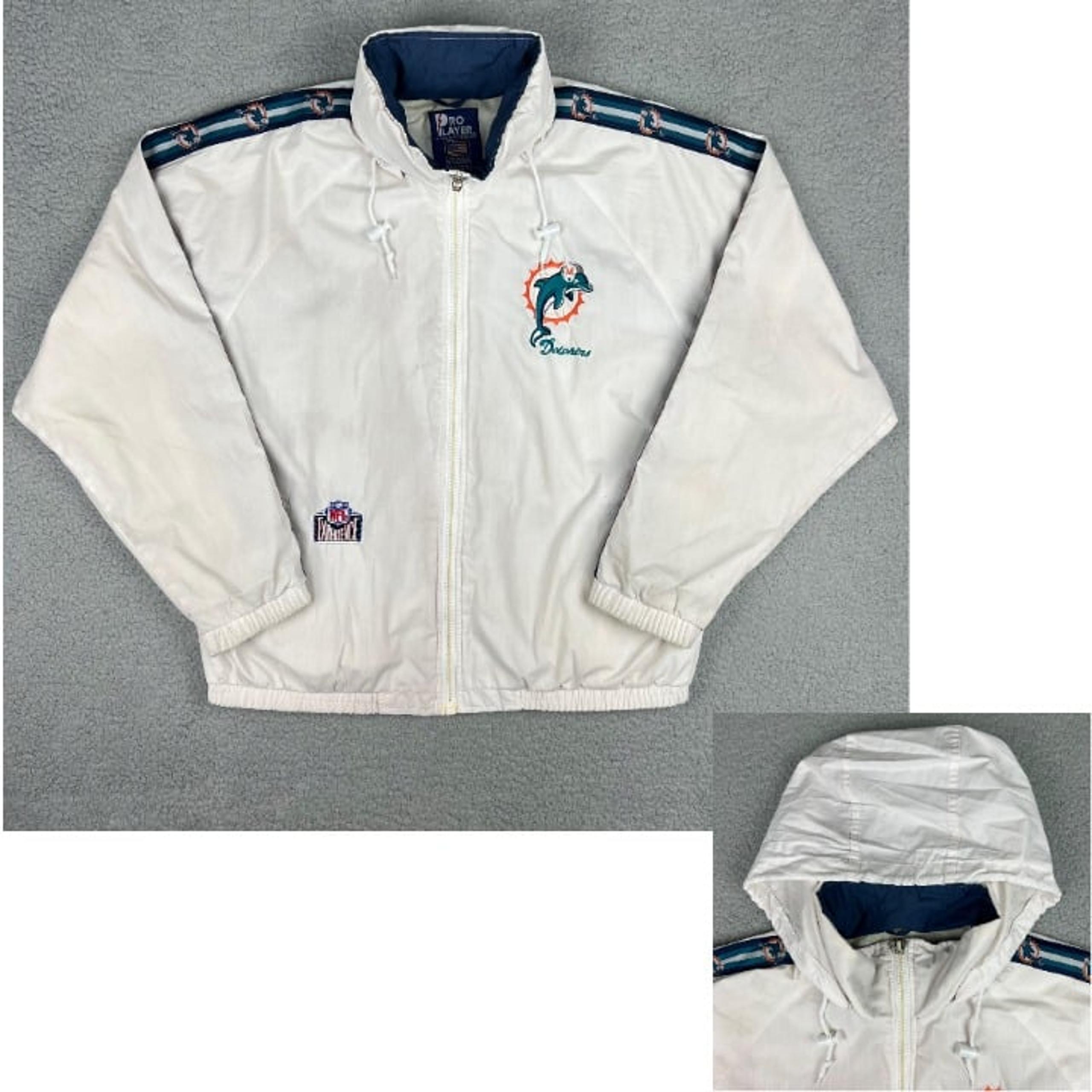 Miami Dolphins Windbreaker Mens Medium White Jacket Hooded Pro Player Vintage !