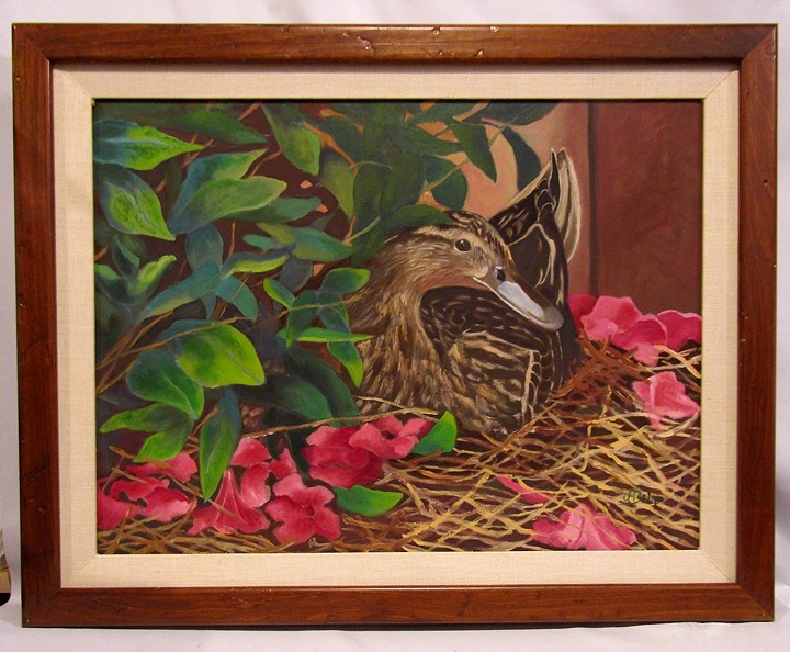 VTG Original Oil Painting on Canvas DUCK Signed A. Delp Wooden Frame Matted