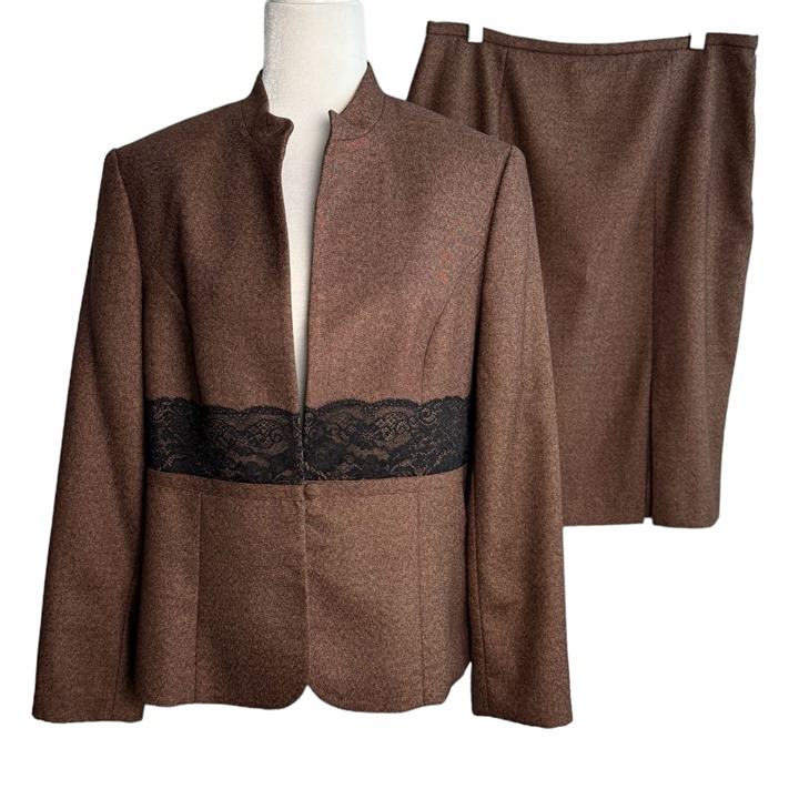 Amanda Smith Brown Tweed 2-Pc Skirt Suit Set Jacket Lace Trim Women's Size 14
