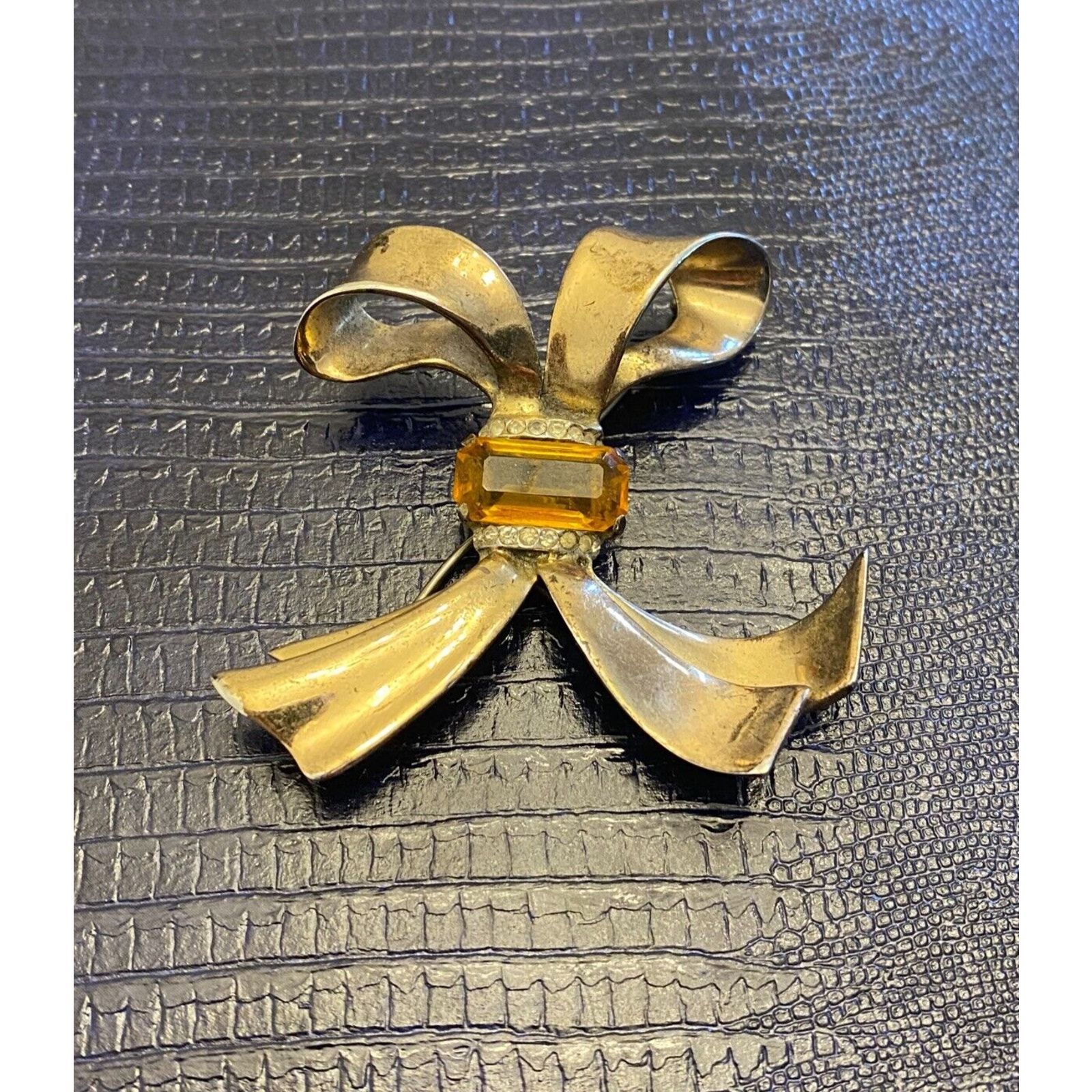 Vintage Crown Trifari Sterling and Topaz Bow Brooch Gold Tone