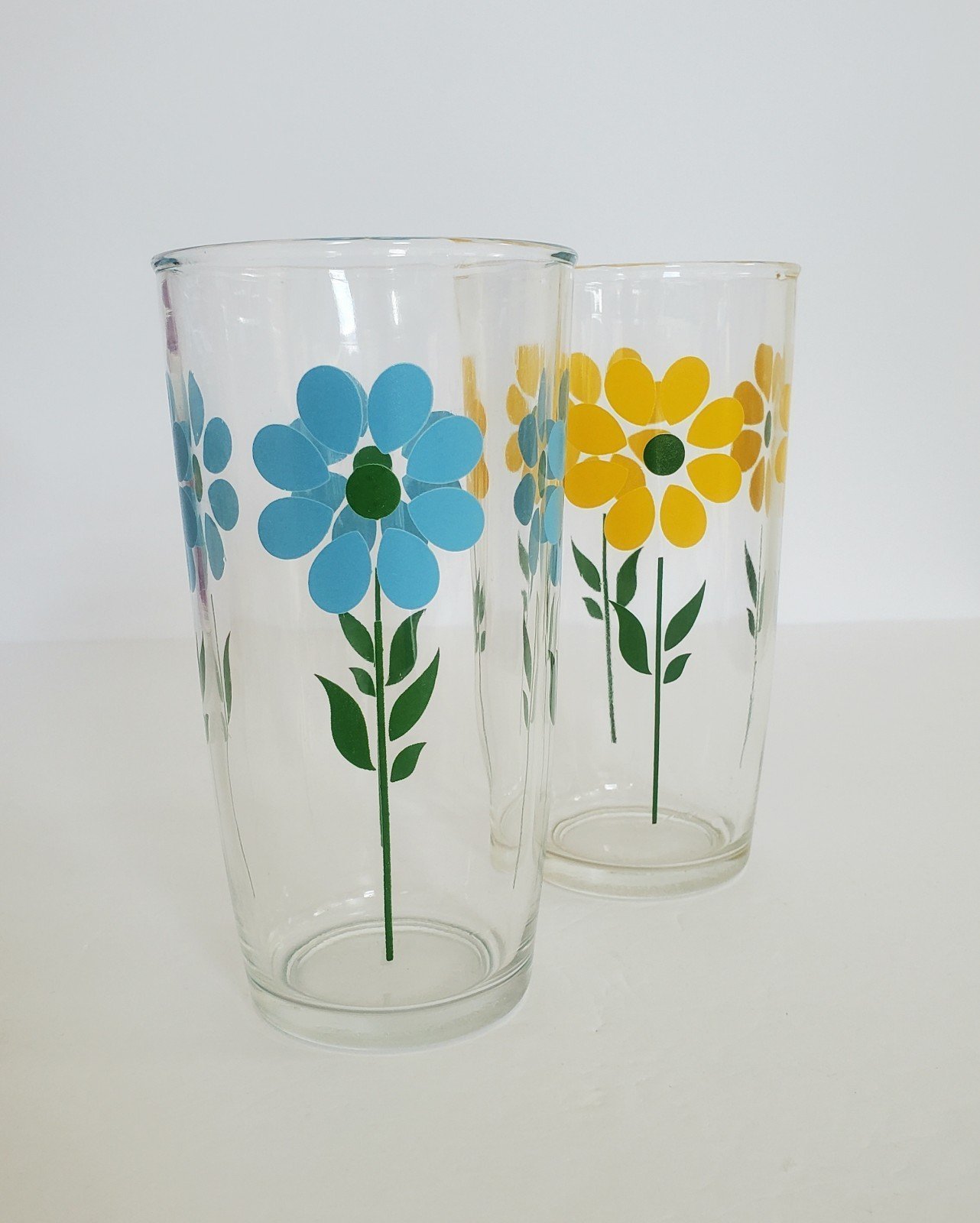Vintage Hazel Atlas Blue Yellow Daisy Flower Sour Cream Pint Glasses Set of 2