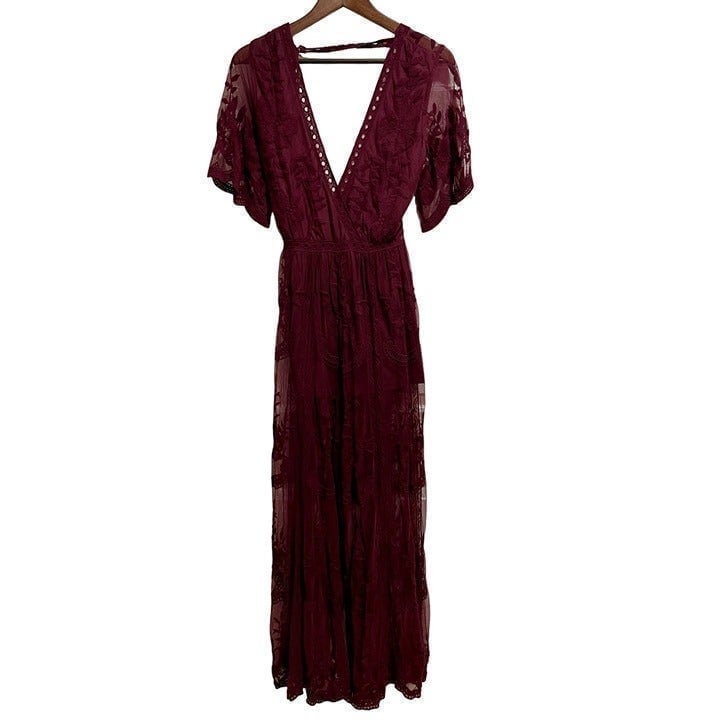 Honey Punch Lace Maxi Dress Romper Jumpsuit Wine Size Medium | i1