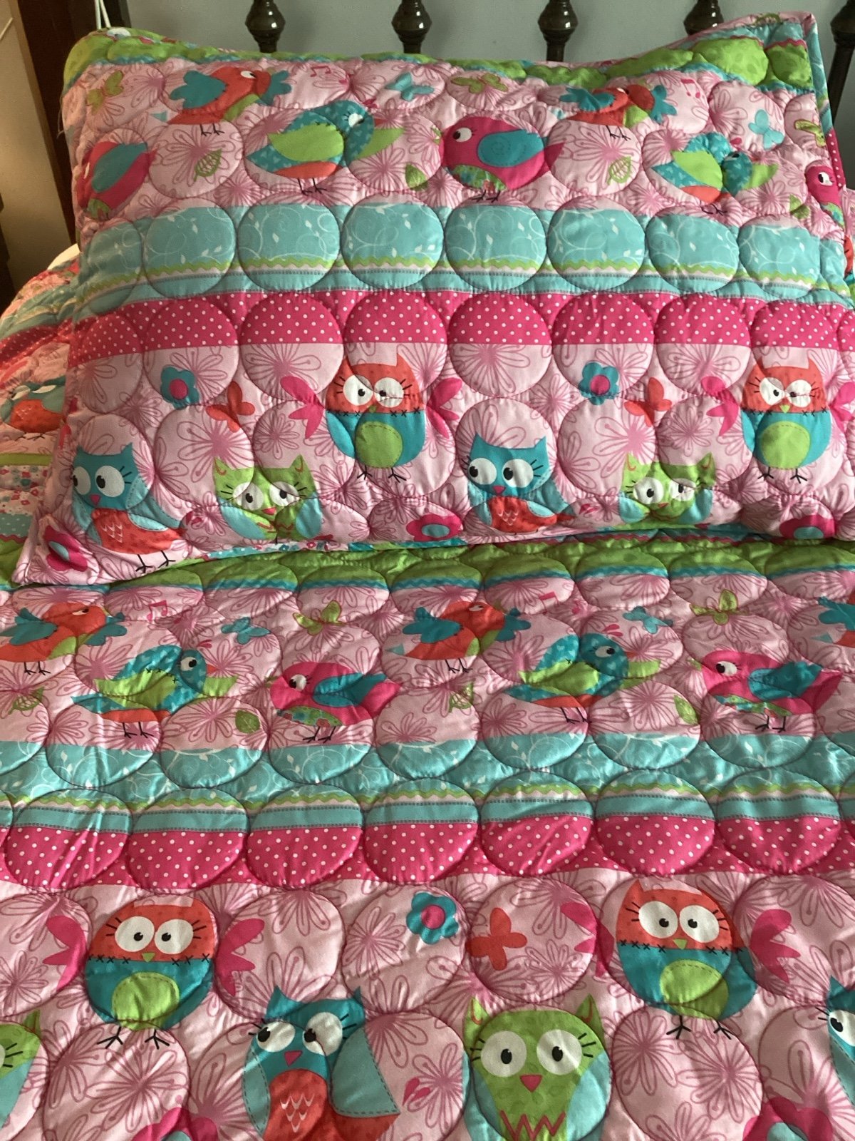 Girls Twin Size Pink Owl Reversible Comforter Set