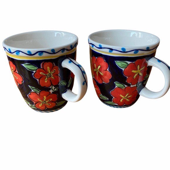 Starbucks Set of 2 (Two) 2001 Blue and Red Floral Barista Mugs