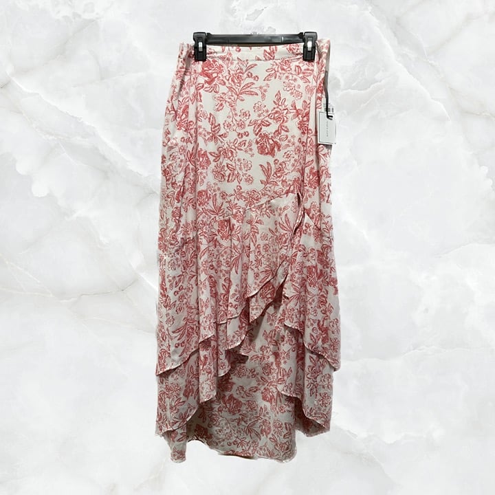 White Asymmetrical Flowy Skirt with Red Flower Patterns and Side Zipper NWT
