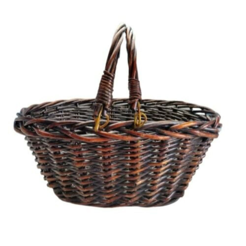 Vintage Swing Handle Woven Basket Dark Brown Deep Boho Picnic Storage Large