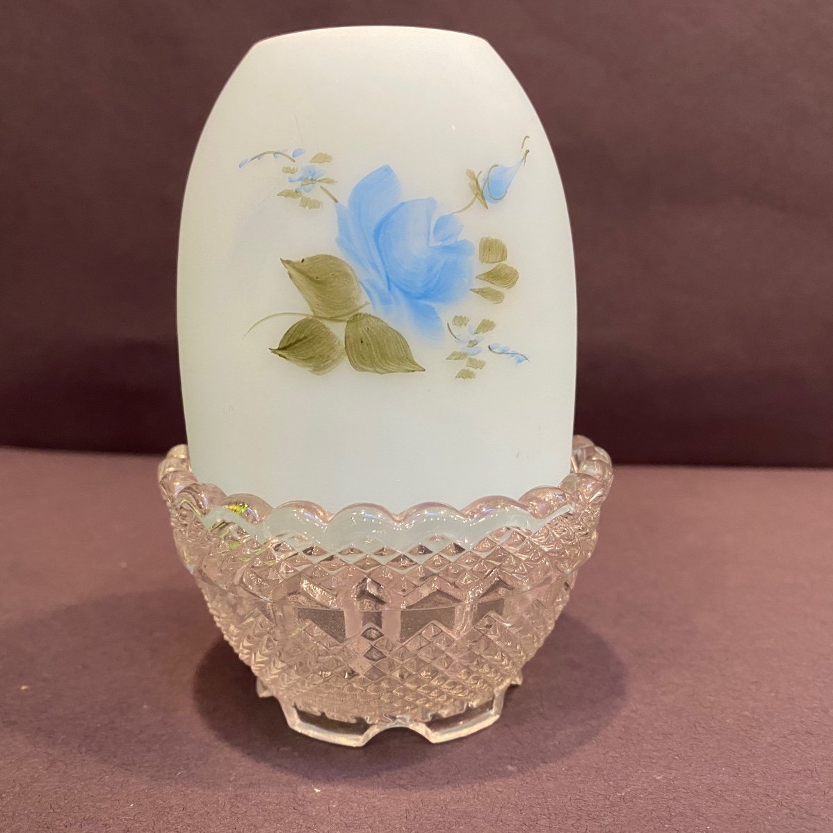 100% authentic Roses Blue Fenton Satin Base Crystal Clear Lamp Fairy Signed Painted Hand Vintage & collectibles 100% authentic Roses Blue Fenton Satin Base Crystal Clear Lamp Fairy Signed Painted Hand Vintage & collectibles