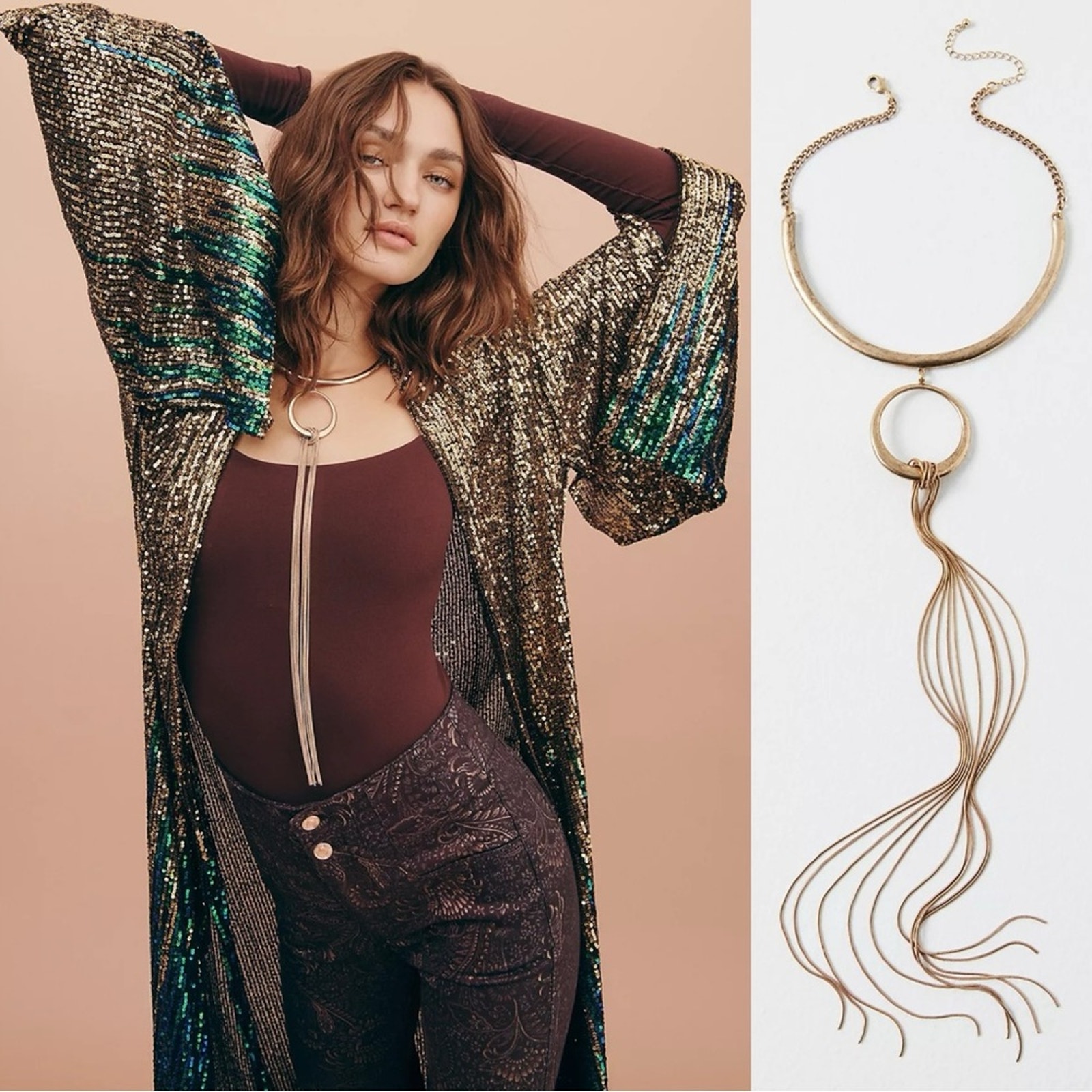 Free People Magdelena Structured Necklace in Gold NWT Statement Collar Fringe