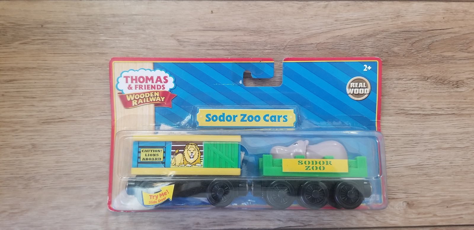 Wooden railway Thomas the train Sodor zoo cars new in box, lion car and hippo ca