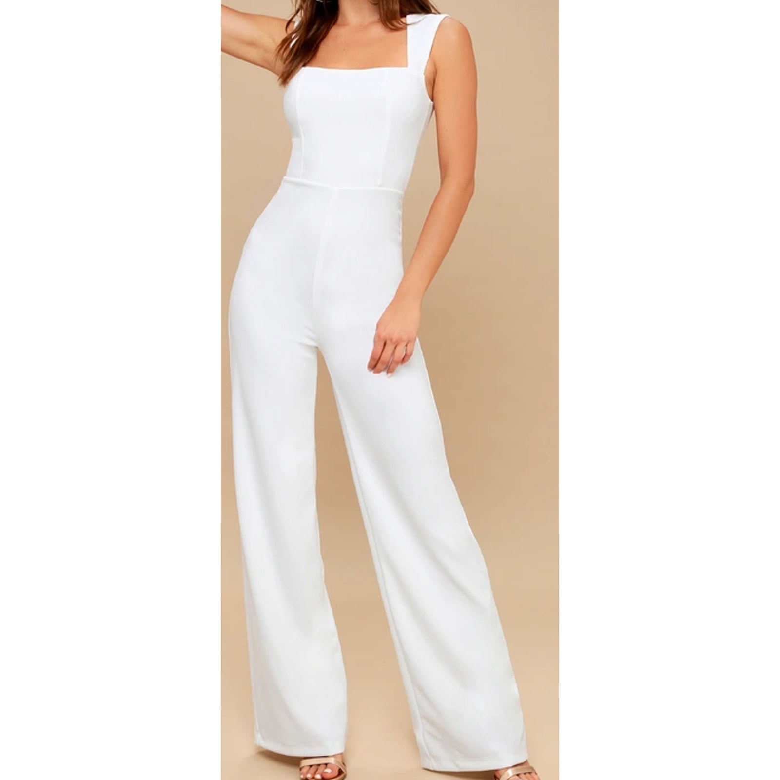 LULU'S M Enticing Endeavors White Square Neck Straight Leg Jumpsuit B84