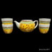 VTG PIER 1 Porcelain Sake Teapot & 4 Cups Set Burgandy Vine & Yellow Bumble Bees