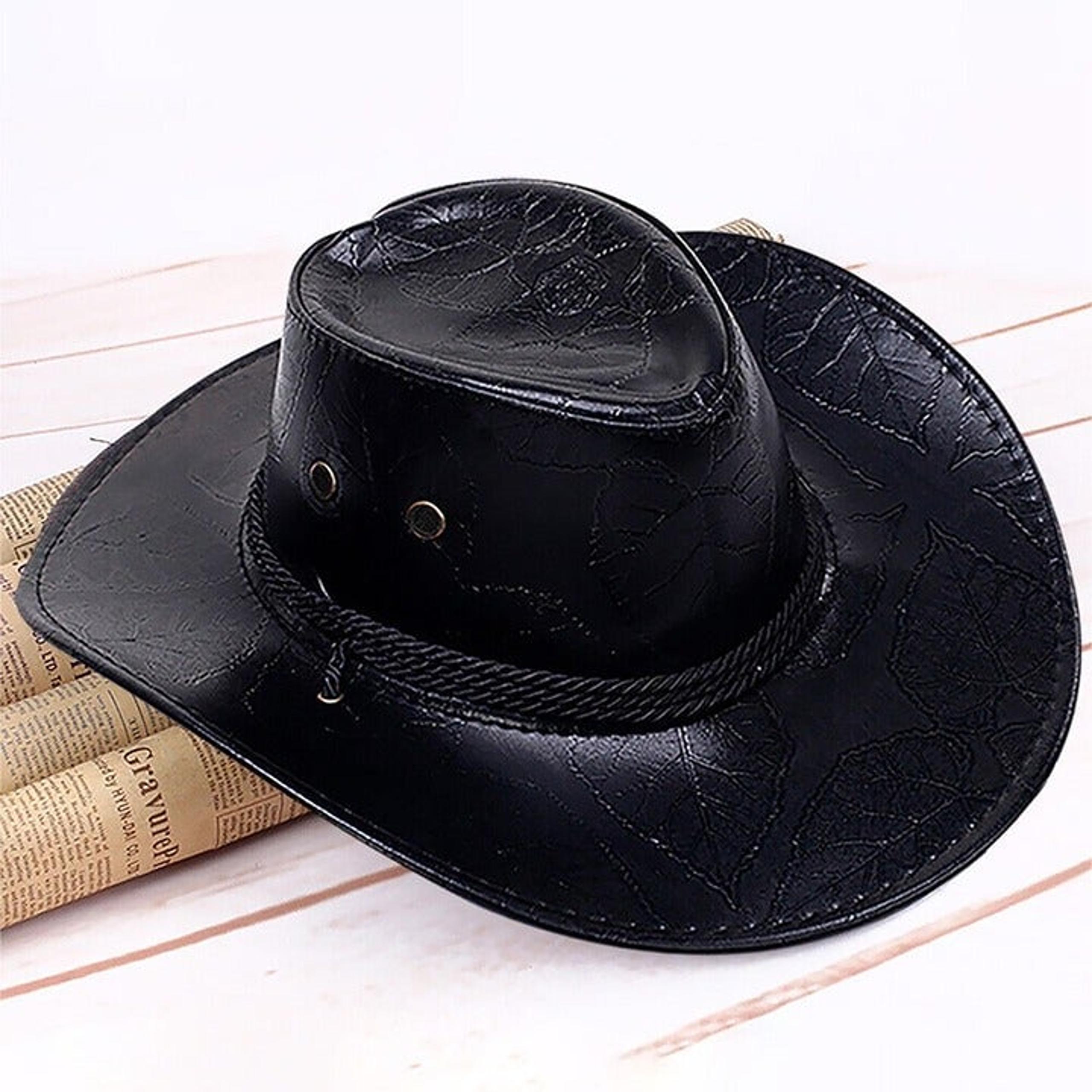 Faux Leather Mens Cowboy Hat, Black with Strap, Rope - Western Wide Brim