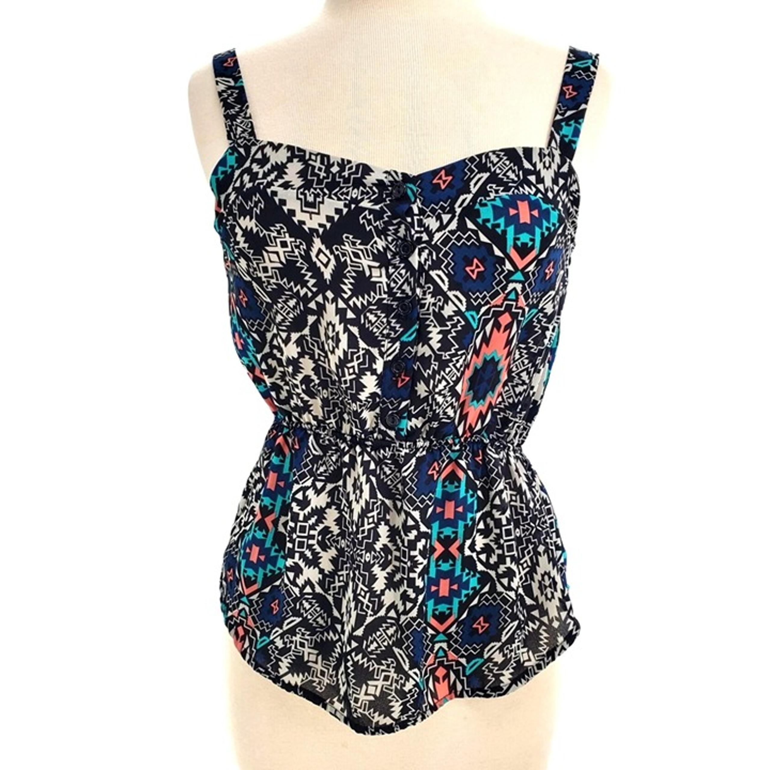 Pink Rose Aztec Sleeveless Cami Blouse Button Chest Elastic Waist Peplum Top