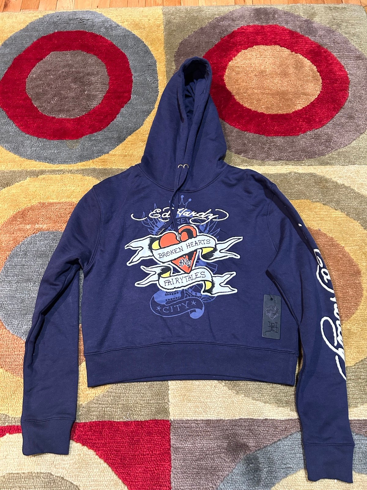 NWT Ed Hardy Navy Blue Cropped Fleece Hoodie Sweatshirt Women’s Size Medium