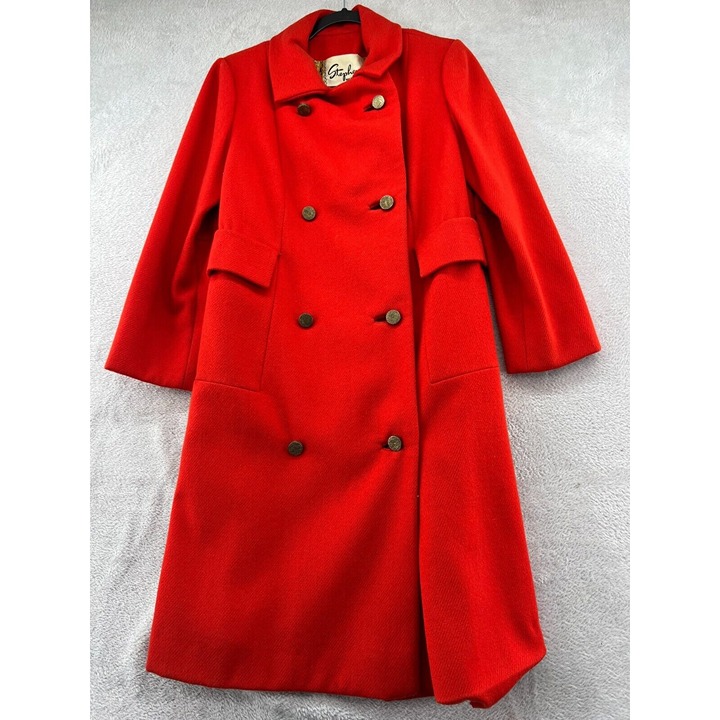 Vintage Young Elegant Jim Baldwin Coat Womens Red Wool Button Up Gold Chain