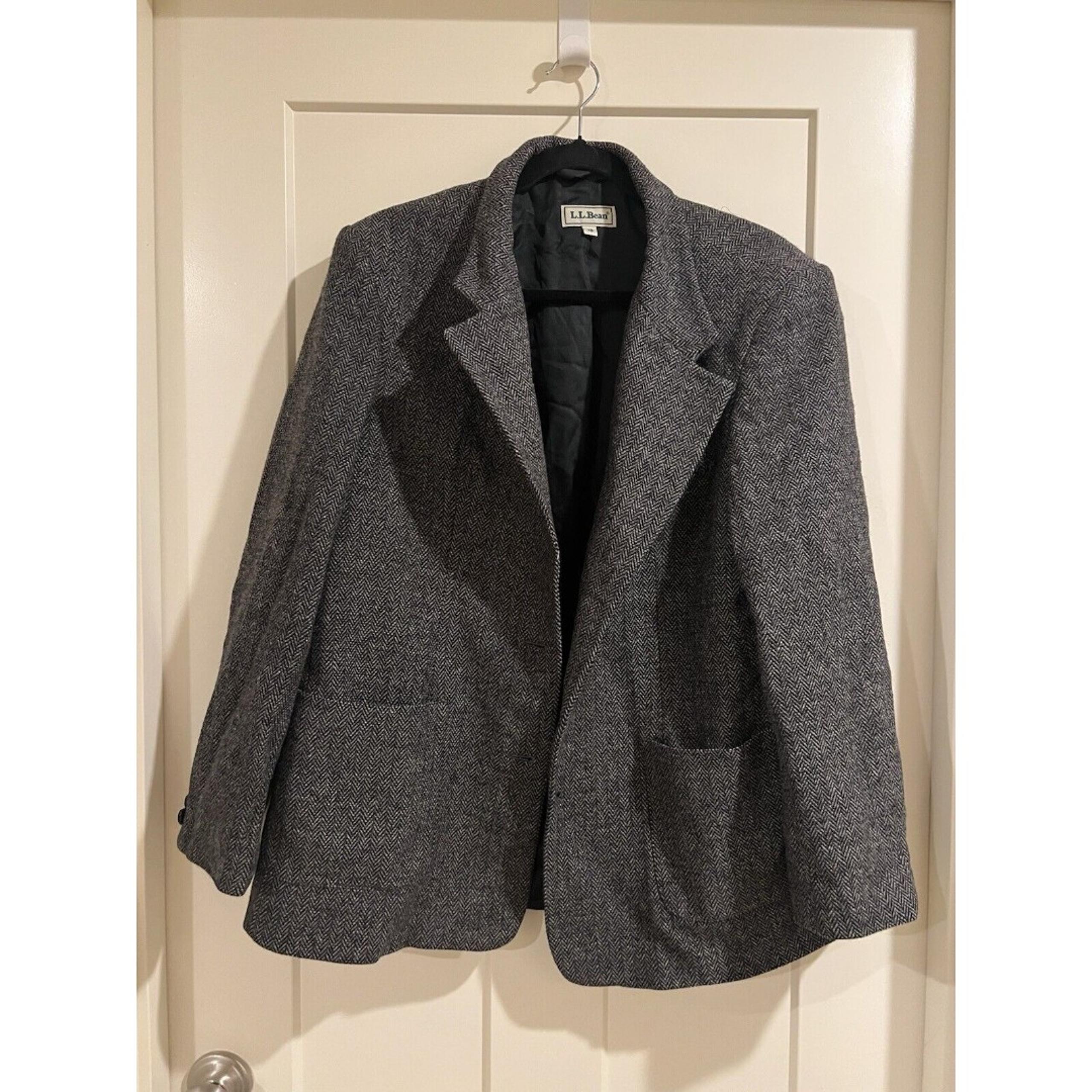 Vintage LL Bean Wool Blazer Jacket Womens Sz 18 Grey Black Herringbone