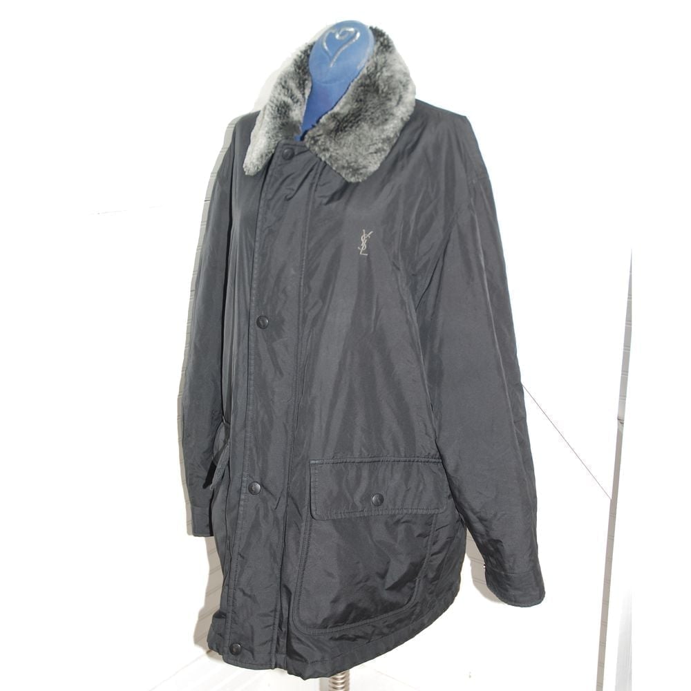 Vintage black zip windbreaker coat jacket YSL Yves Saint Laurent faux fur bomber