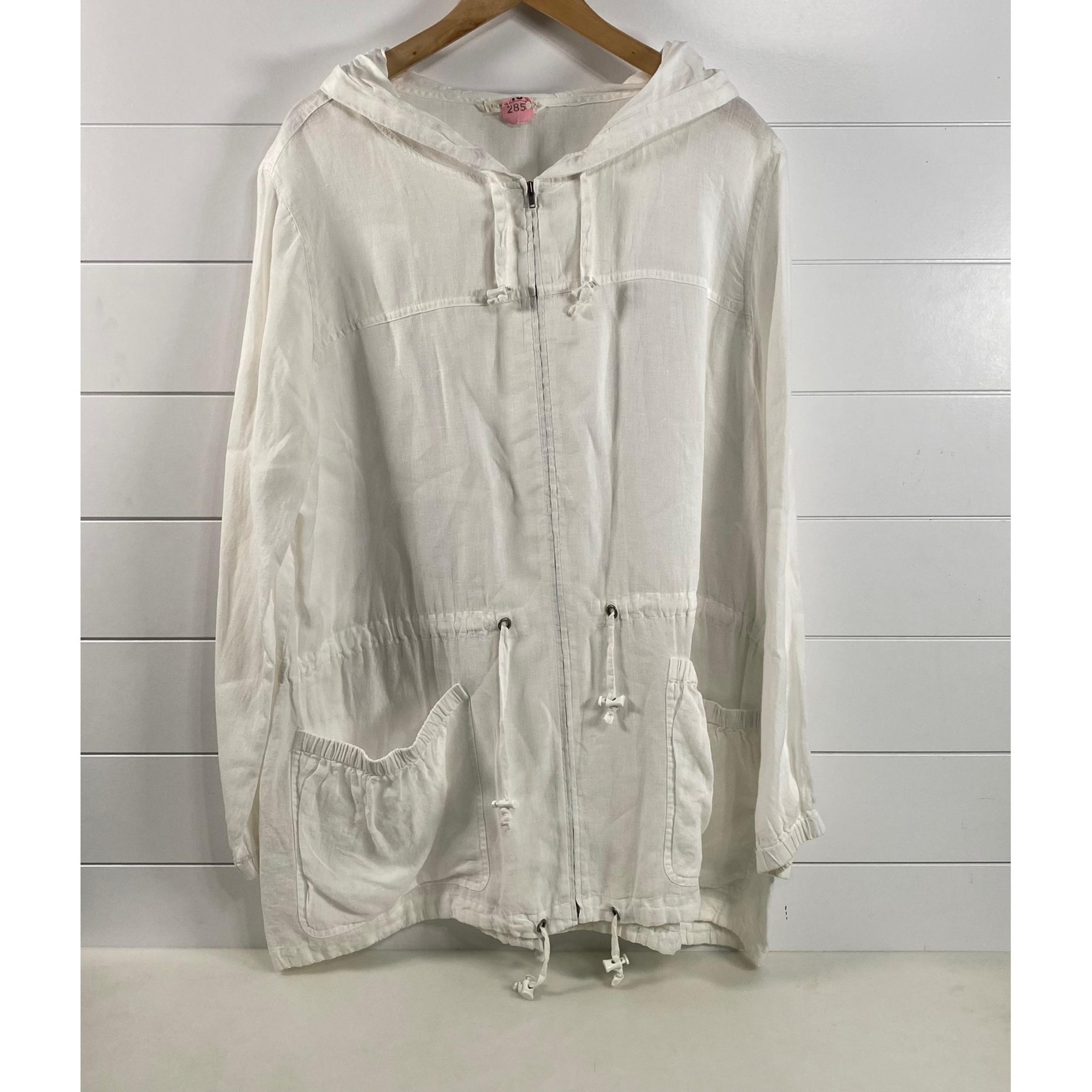 Eileen Fisher Womens 100% Irish Linen Jacket sz XL White Hooded Full Zip Cinch