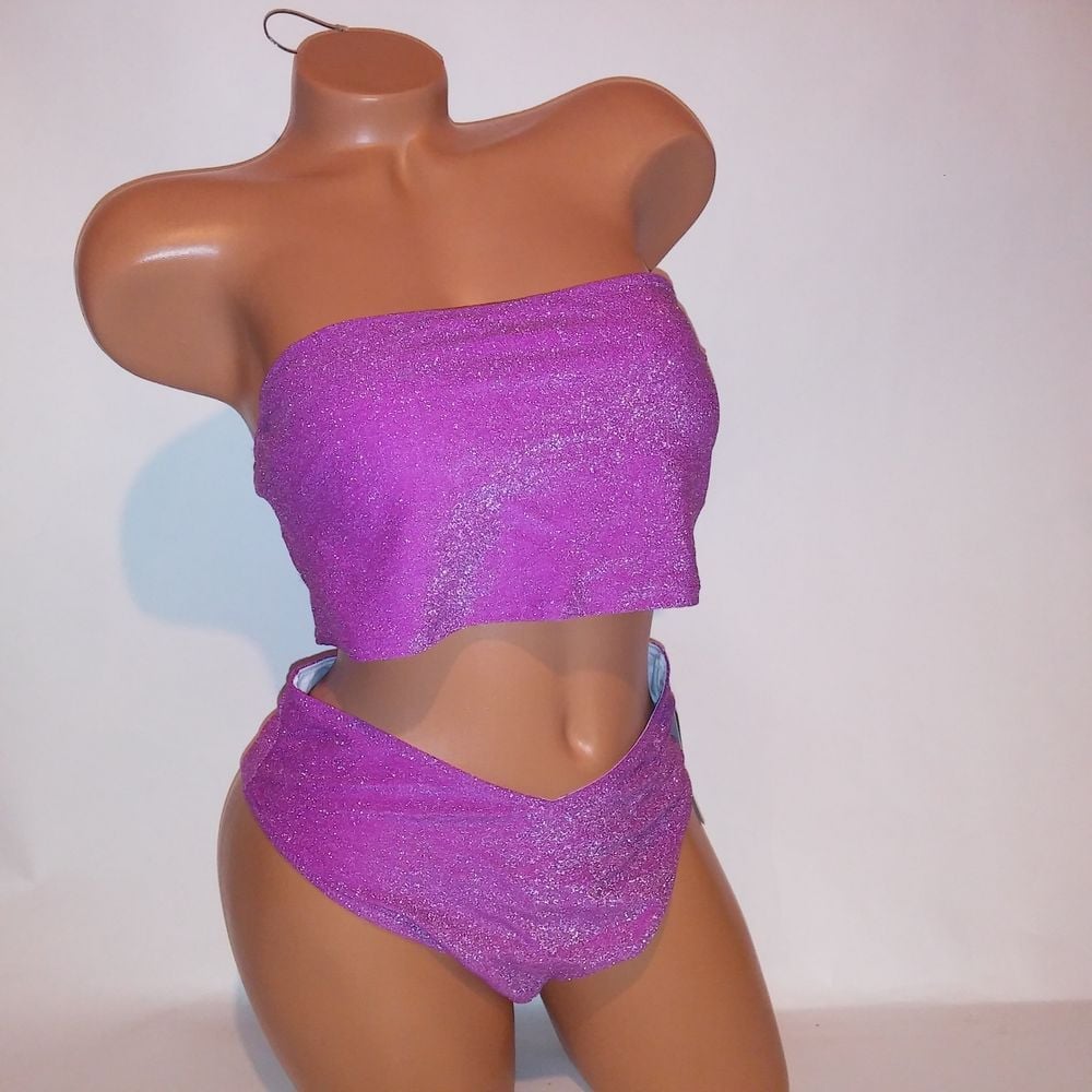 Victoria Secret PINK Swim Bikini Large Top Medium Bottom Fuchsia Silver Metallic