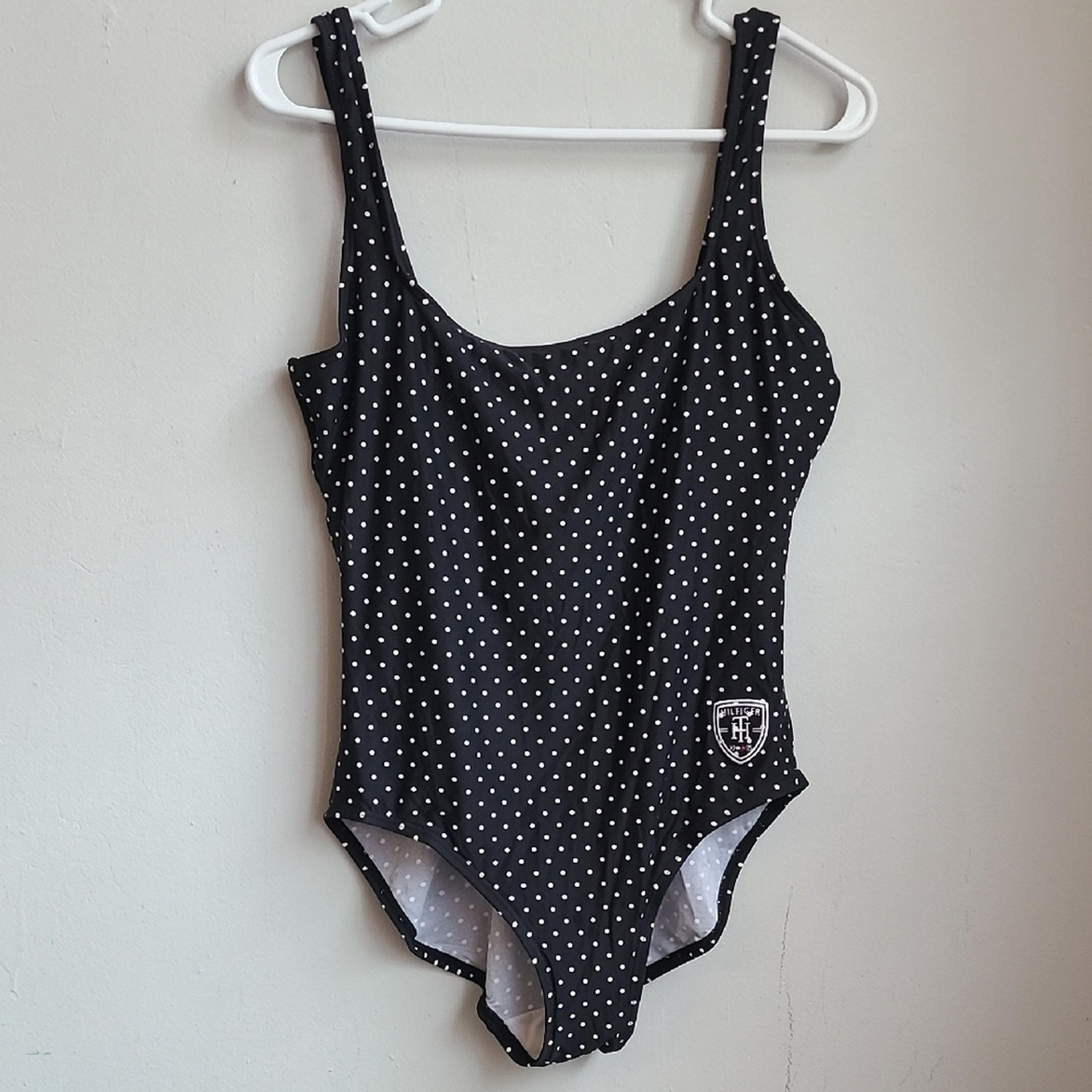 Women's 14 Tommy Hilfiger black white dot swim bathing suit one piece classic