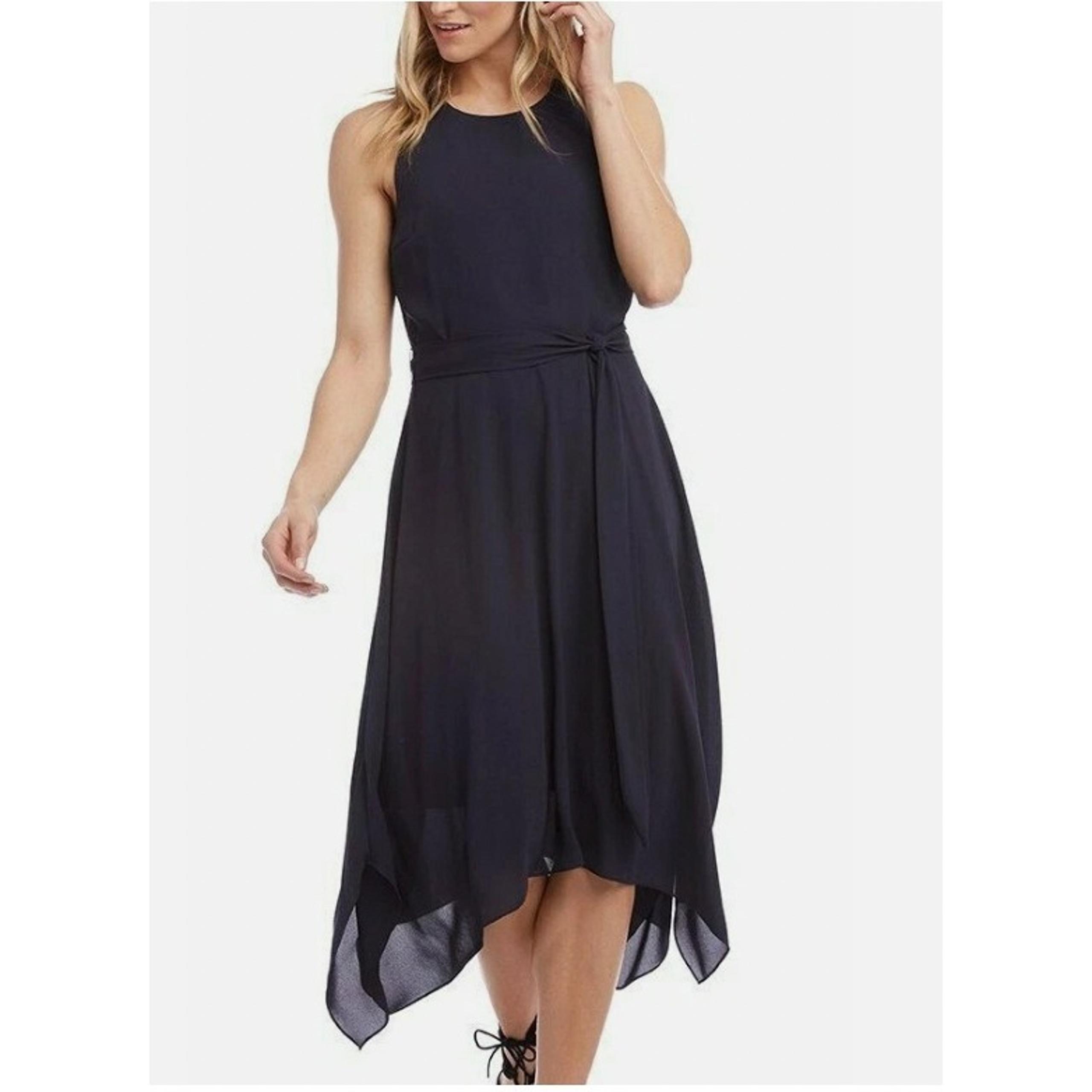 Karen Kane Navy Silky Crepe Belted Handkerchief Hem Dress Small - Retail $129