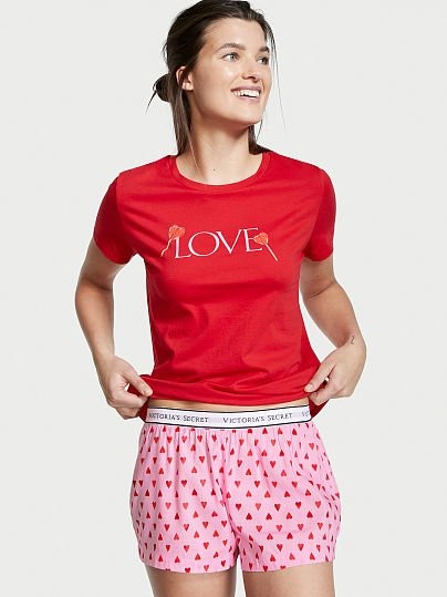 Victoria’s Secret Pajama Red Christmas Small Cotton Sleep Shirt Boxer Short Set