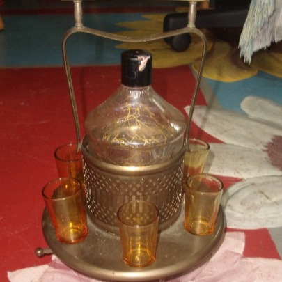 Vintage brass shot glass decanter bar set Japan musical amber glass spaghetti