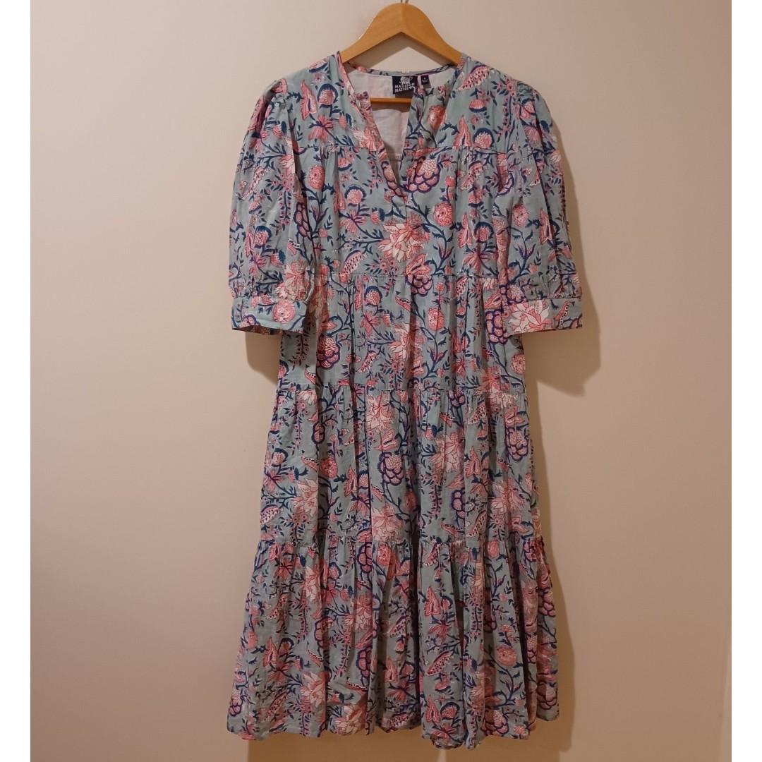 Madison Mathews Pawley Floral Tiered V Neck Midi Dress Bohemian Cottagecore S