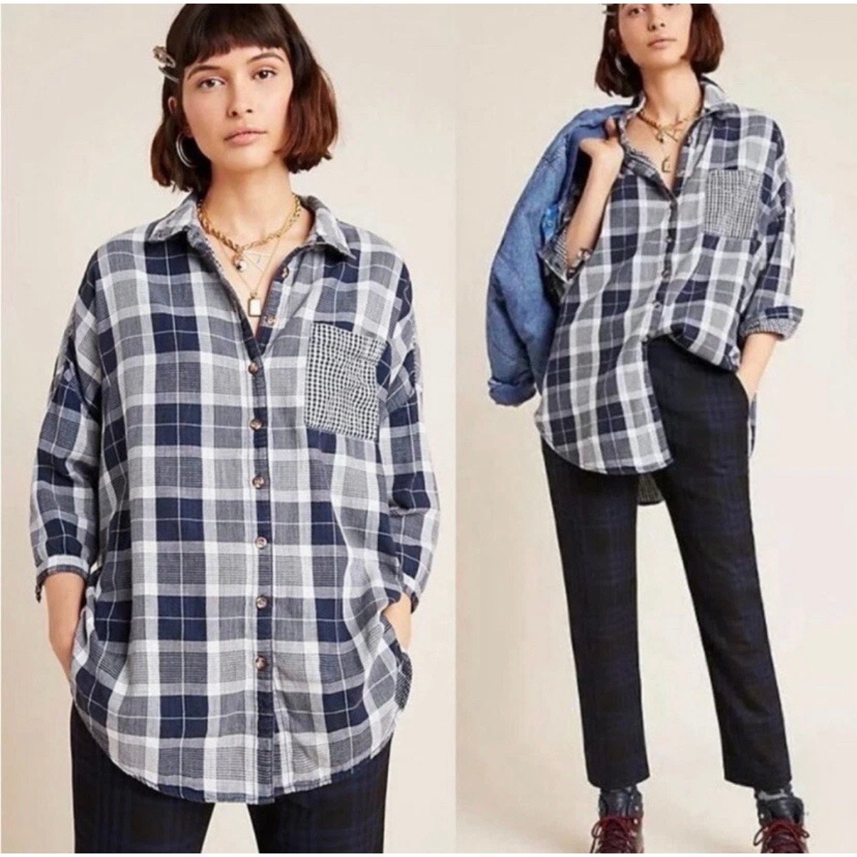 ANTHROPOLOGIE Pilcro The Bo Boyfriend Flannel Gingham Navy Blue Shirt | Size M/L