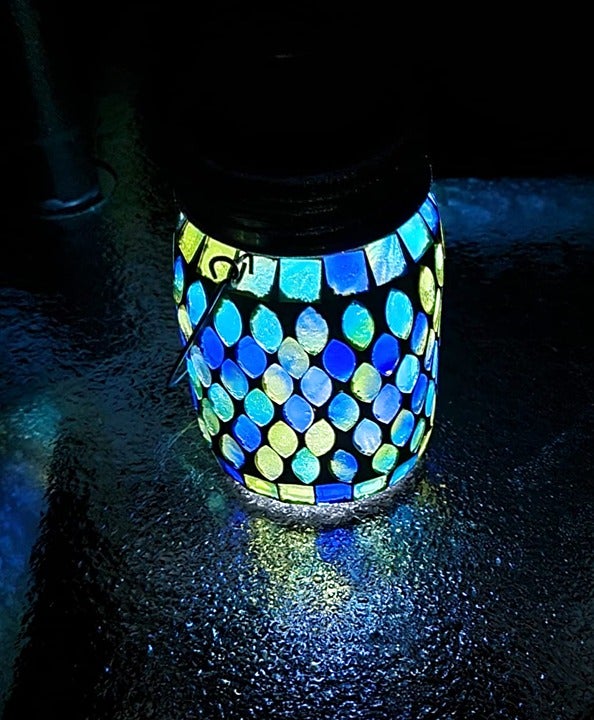 Mosaic Solar Lanterns Outdoor Hanging Lights, Solar Table Lamps & Cool Blue