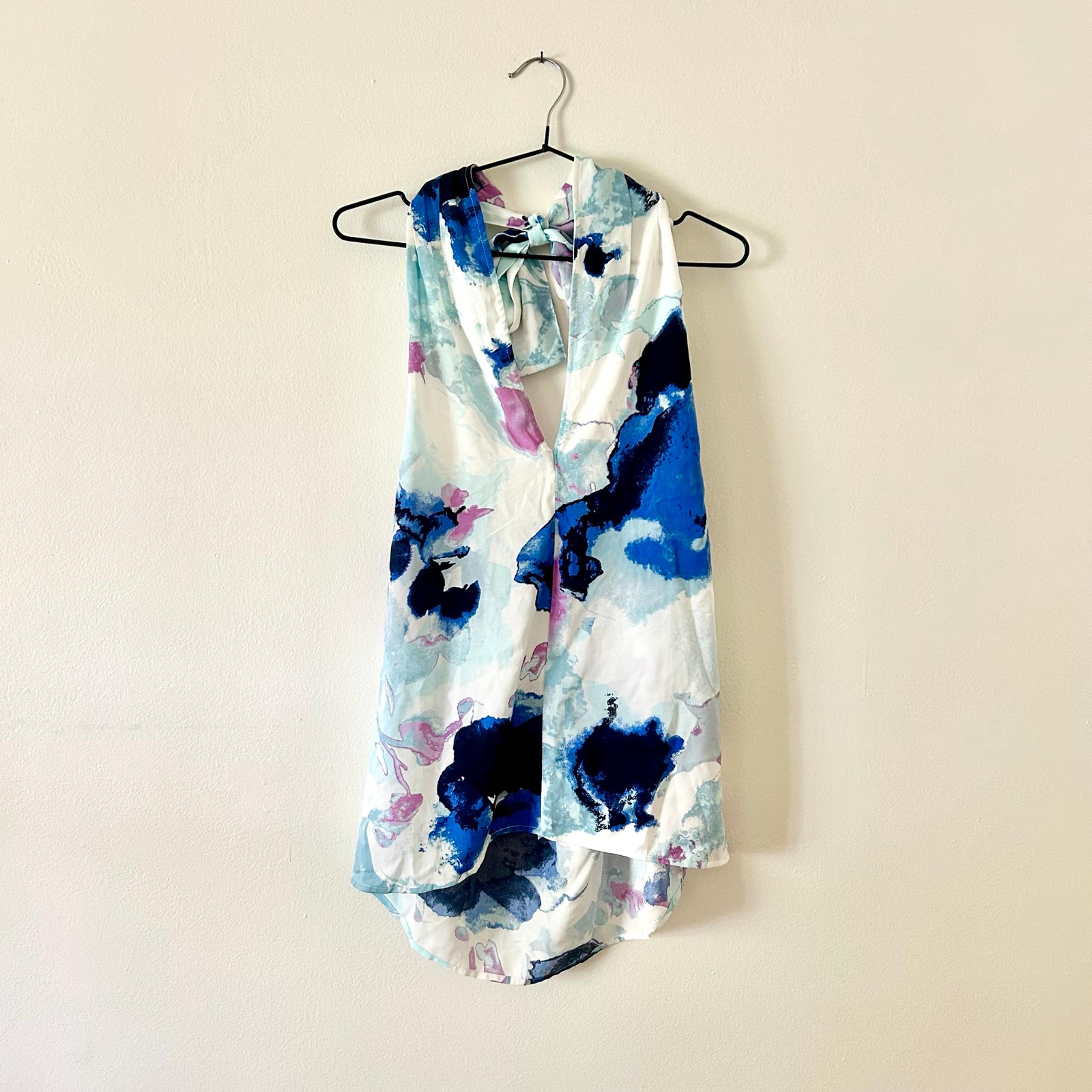 Banana Republic blue, purple and white watercolor print halter top