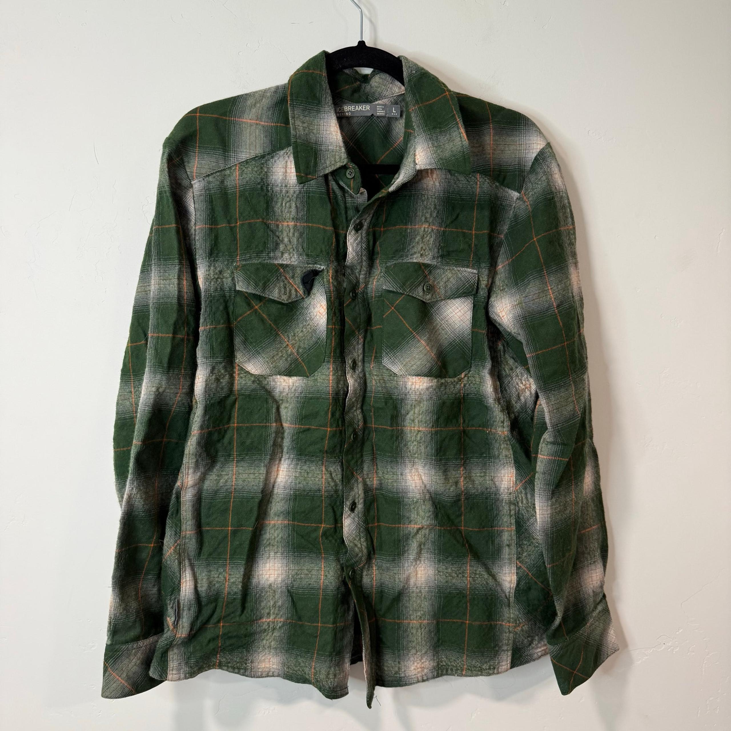 Icebreaker Men's Lodge Plaid Flannel Shirt Green Large Merino Wool Button Front