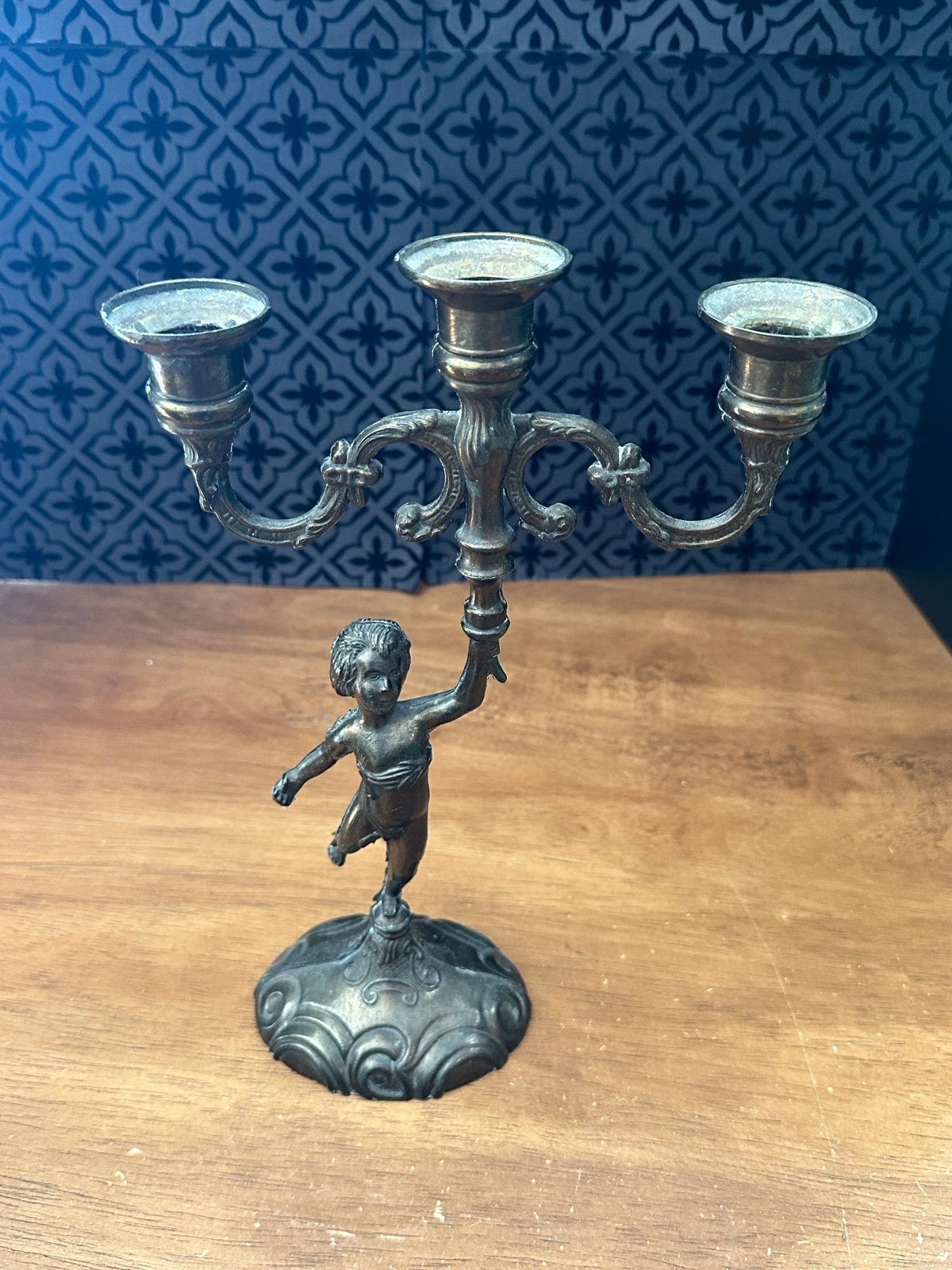 Antique Vtg Art Nouveau Cherub 12” Brass Spelter 3 Armed Candelabra Nice Patina
