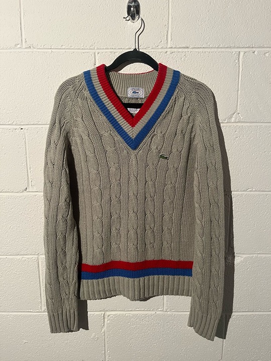 Vintage Izod Lacoste Cable Knit V Neck Sweater green red blue men size large