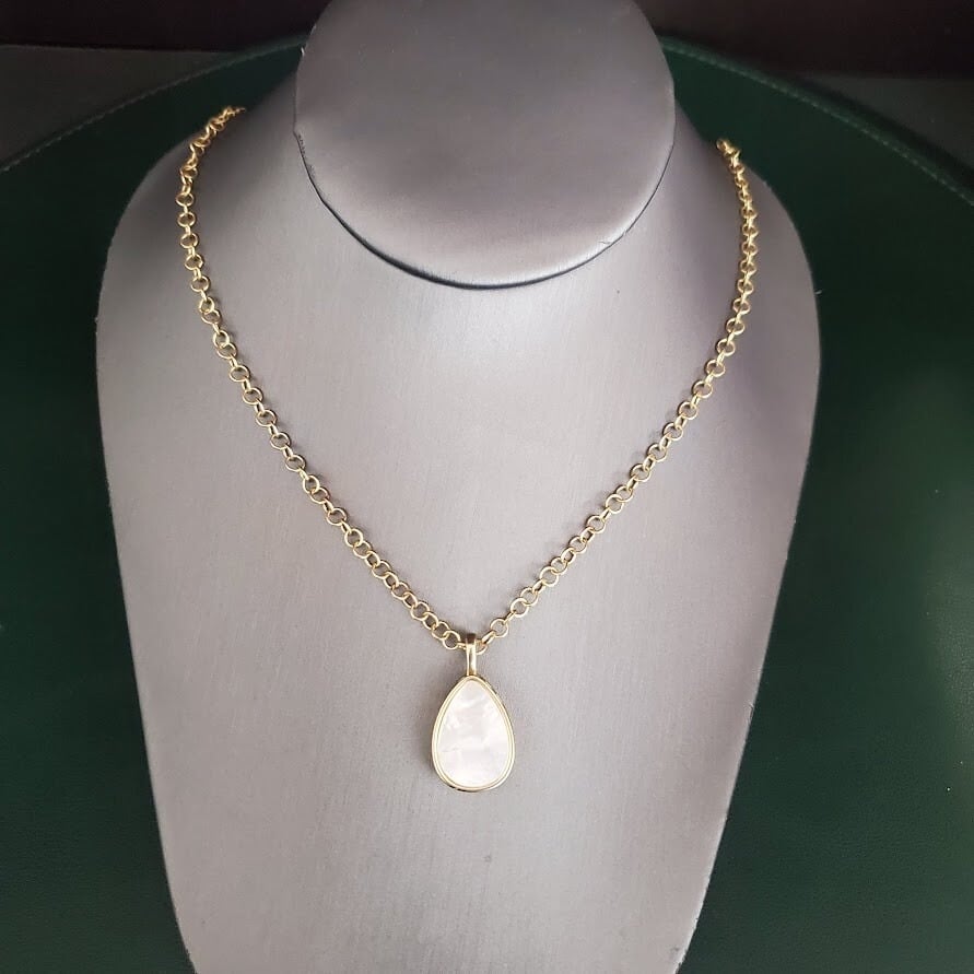 Spartina 449 Necklace Teardrop Mother of Pearl Pendant Matte Gold Plate Signed