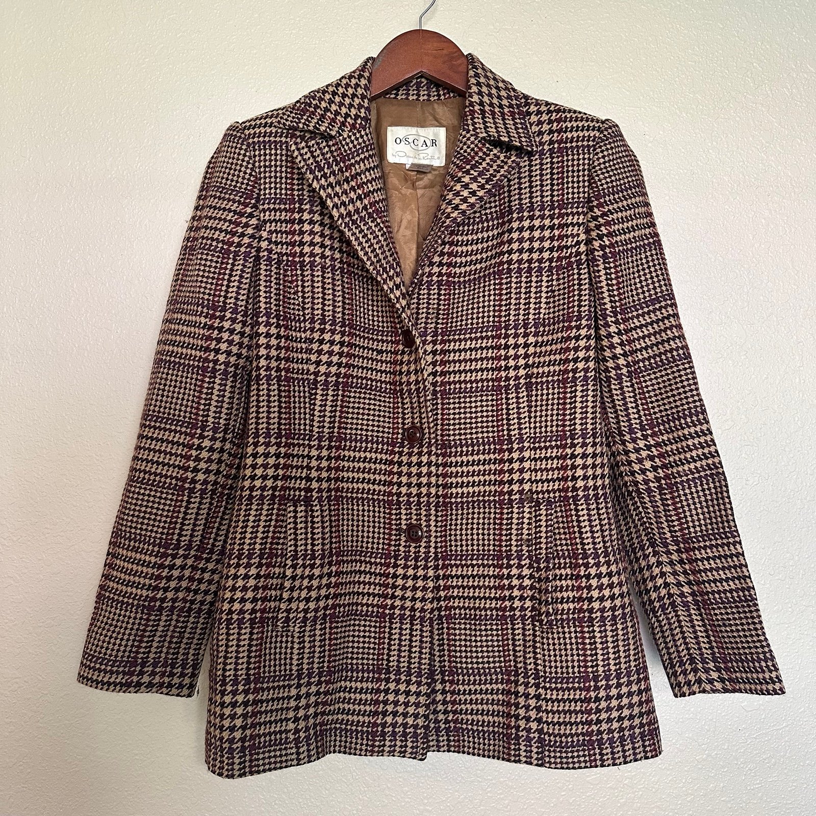 Vintage Oscar De La Renta 100% Wool Woman’s Houndstooth Blazer Made in USA Size4