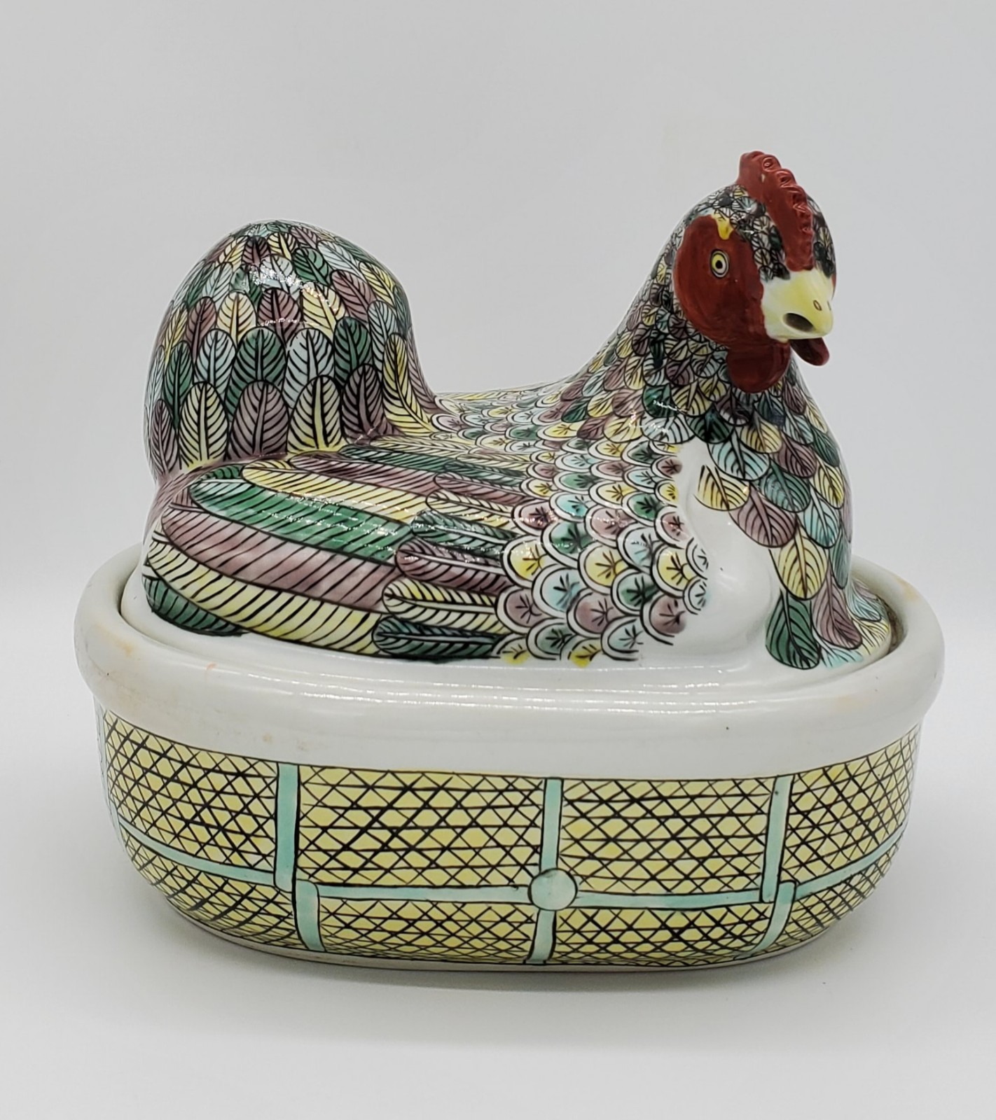 Vintage Shiwan Porcelain Ceramic Hen Covered Basket Tureen