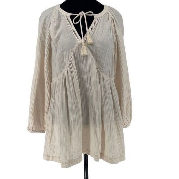 Fat Face Womens Amiya Kaftan Tunic Top Boho Balloon Sleeve Cotton Beige Size 8