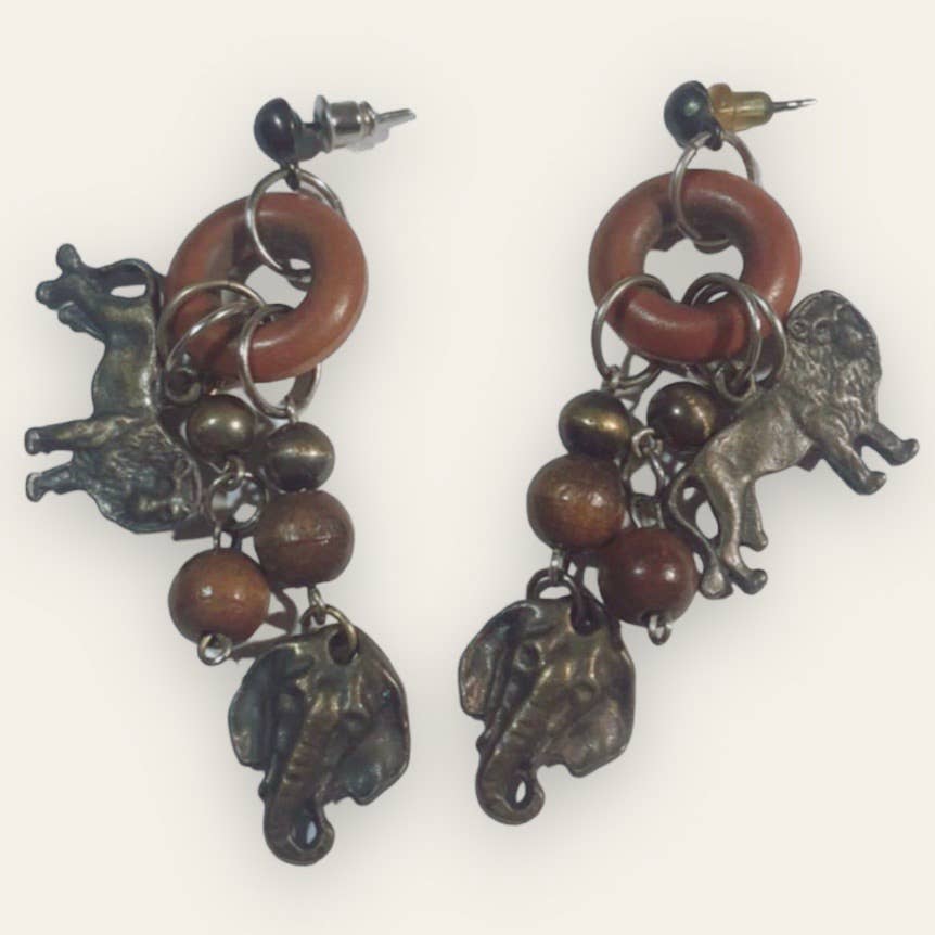 Vintage Dangly Safari Zoo Lion Elephant Dangle Boho Hippy Bohemian Earrings Vintage Dangly Safari Zoo Lion Elephant Dangle Boho Hippy Bohemian Earrings
