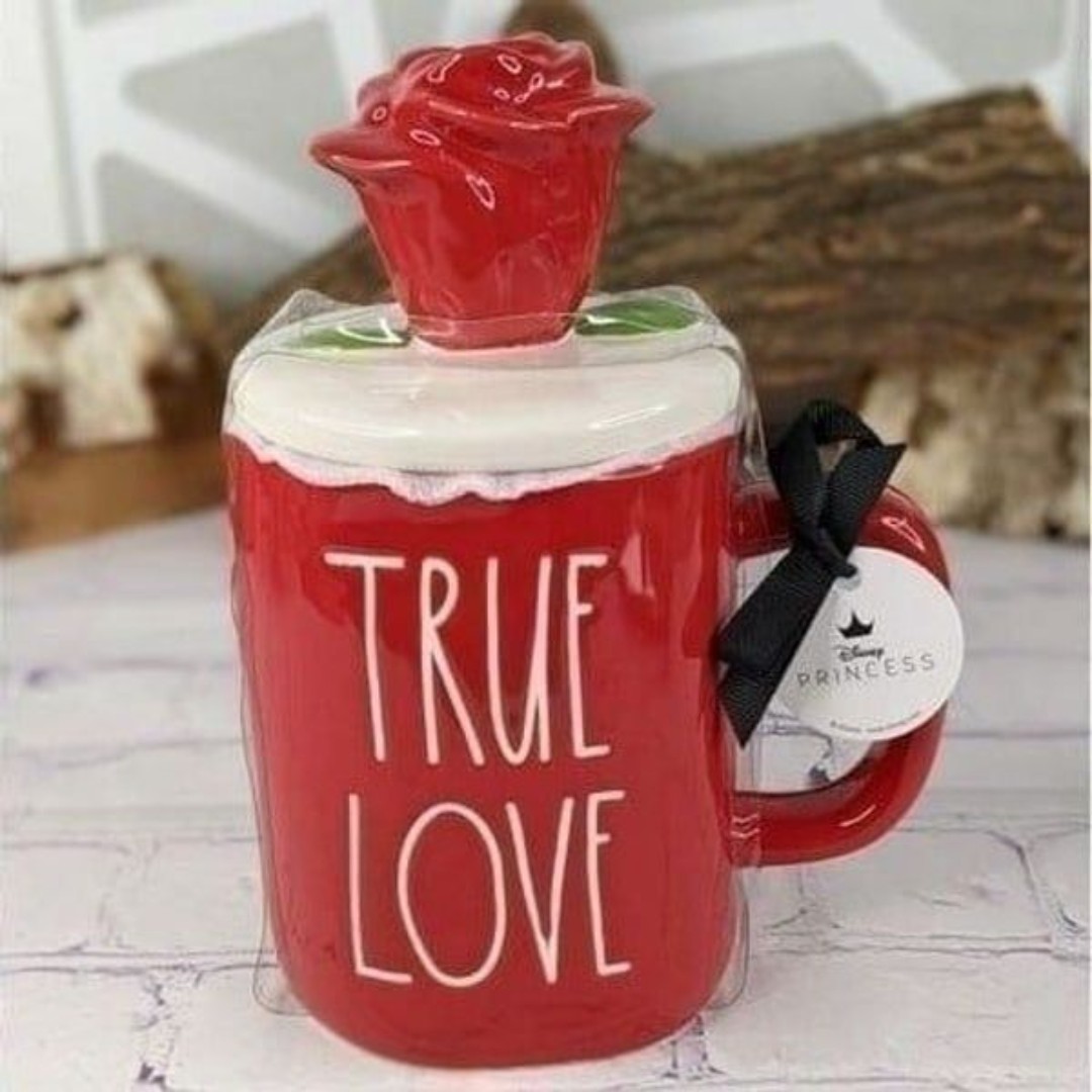 Rae Dunn TRUE LOVE Disney Princess Red Ceramic Mug w/ Rose Topper
