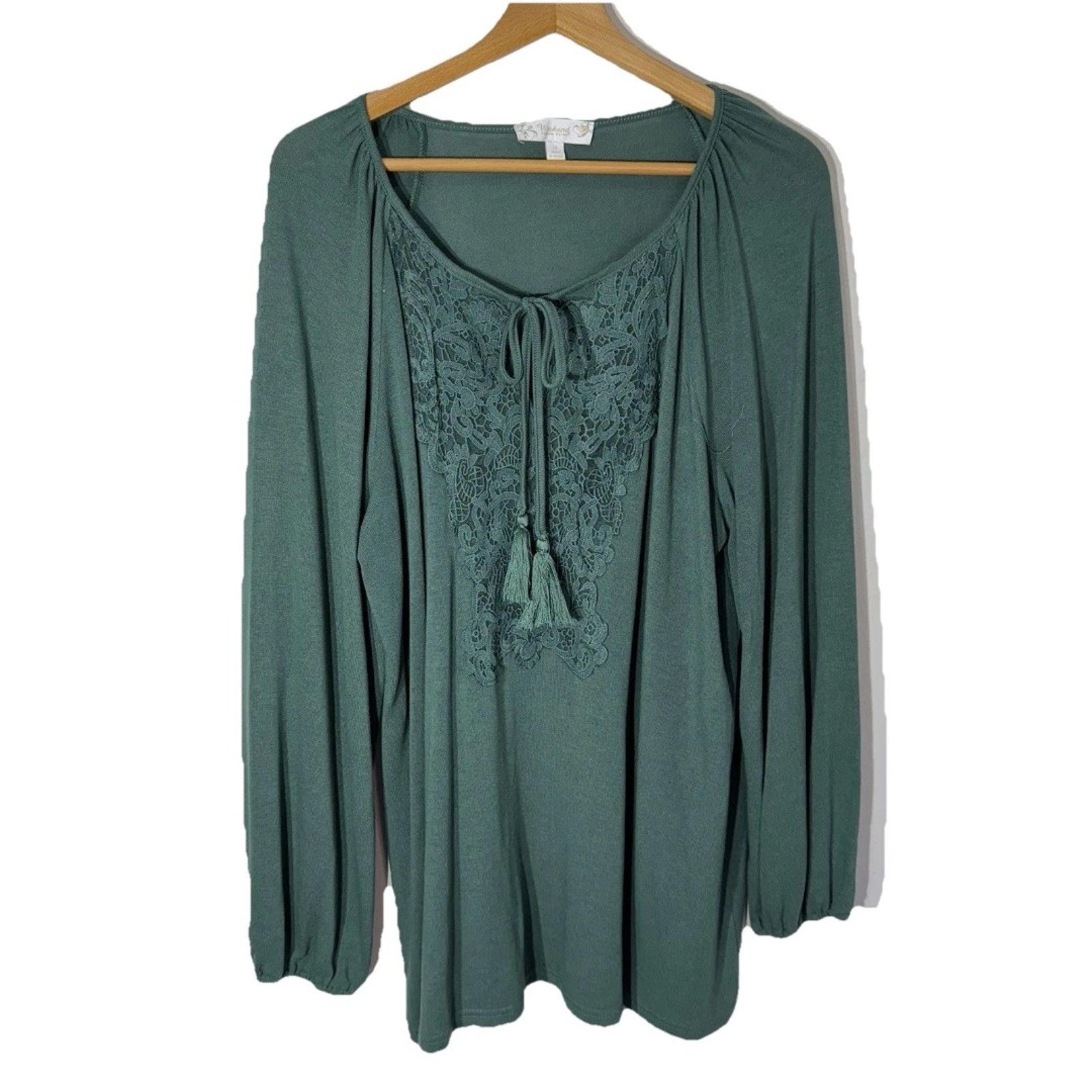 Weekend Suzanne Betro Women's Crocheted Boho Top Long Sleeve Green V-Neck 1X