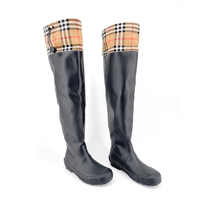 Burberry Freddie Over The Knee Rain Boots EU 37 US 7 Black Rubber Beige Check