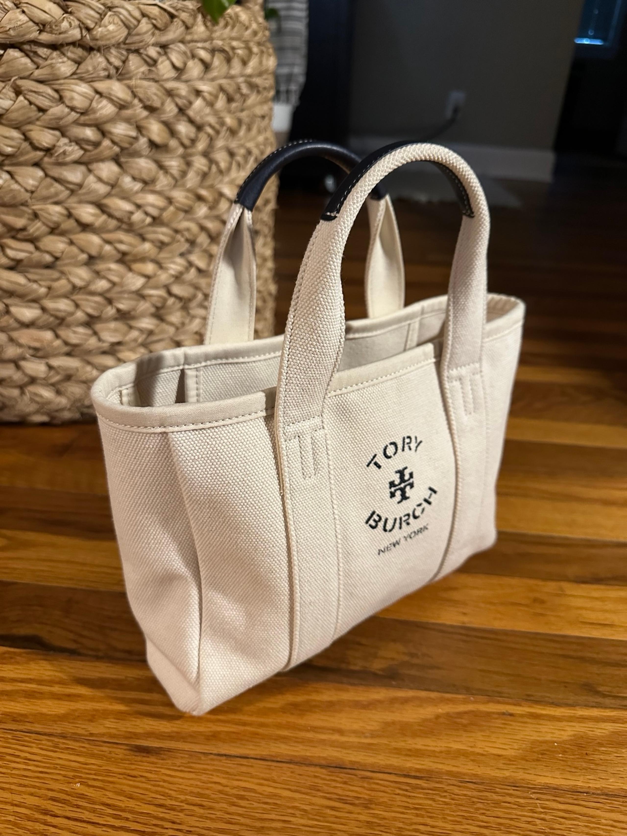 Tory Burch Cream and Navy Structured Canvas Arm Satchel