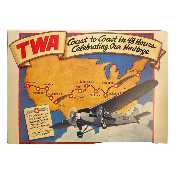 TWA Airline Travel Mounted Advertisement Poster Map USA Plane Coast to Coast