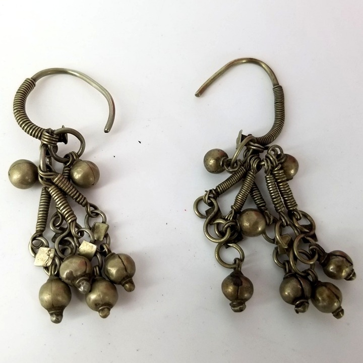 Vintage Hand Made Earrings Indian Tribal Hook Fringe Dangle Bead Silver 3