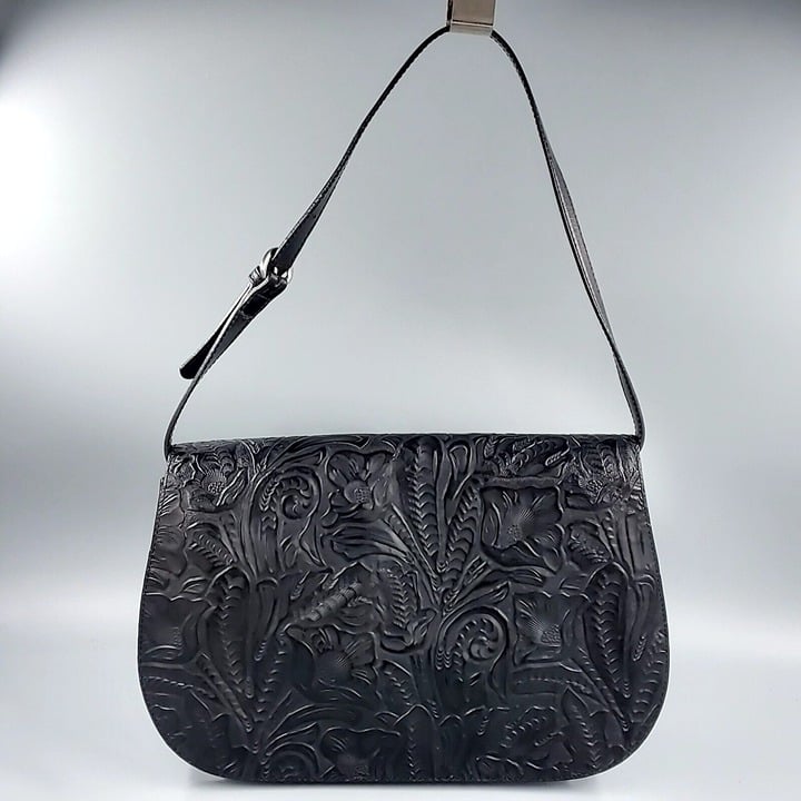 Valerie Stevens Floral Tooled Leather Purse Handbag Tote Western Satchel Black